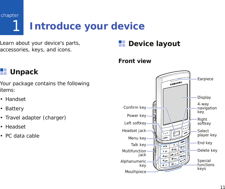 111Introduce your deviceLearn about your device&apos;s parts, accessories, keys, and icons.UnpackYour package contains the following items:•Handset• Battery• Travel adapter (charger)• Headset• PC data cableDevice layoutFront view4-way navigation keyEnd keyRight softkeyConfirm keyAlphanumerickeyDisplayMouthpieceDelete keySpecial functions keysEarpieceSelect player keyLeft softkeyMultifunctionjackPower keyMenu keyTalk keyHeadset jack
