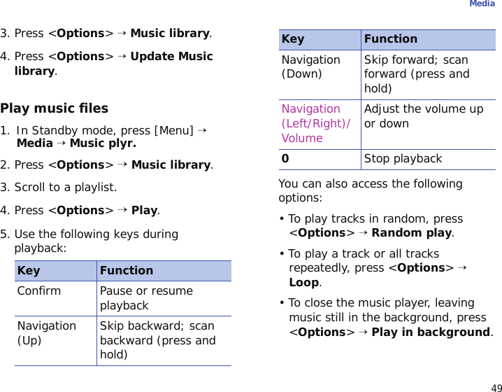 49Media3. Press &lt;Options&gt; → Music library.4. Press &lt;Options&gt; → Update Music library.Play music files1. In Standby mode, press [Menu] → Media → Music plyr.2. Press &lt;Options&gt; → Music library.3. Scroll to a playlist.4. Press &lt;Options&gt; → Play.5. Use the following keys during playback:You can also access the following options:• To play tracks in random, press &lt;Options&gt; → Random play.• To play a track or all tracks repeatedly, press &lt;Options&gt; → Loop.• To close the music player, leaving music still in the background, press &lt;Options&gt; → Play in background.Key FunctionConfirm Pause or resume playbackNavigation (Up) Skip backward; scan backward (press and hold)Navigation (Down) Skip forward; scan forward (press and hold)Navigation (Left/Right)/VolumeAdjust the volume up or down0Stop playbackKey Function