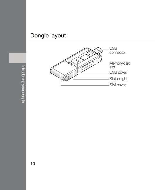 10introducing your dongleDongle layoutStatus lightUSB connectorUSB coverMemory card slotSIM cover