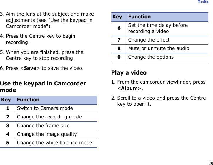 29Media3. Aim the lens at the subject and make adjustments (see &quot;Use the keypad in Camcorder mode&quot;).4. Press the Centre key to begin recording.5. When you are finished, press the Centre key to stop recording.6. Press &lt;Save&gt; to save the video.Use the keypad in Camcorder modePlay a video1. From the camcorder viewfinder, press &lt;Album&gt;.2. Scroll to a video and press the Centre key to open it.Key Function1Switch to Camera mode2Change the recording mode3Change the frame size4Change the image quality5Change the white balance mode6Set the time delay before recording a video7Change the effect8Mute or unmute the audio0Change the optionsKey Function