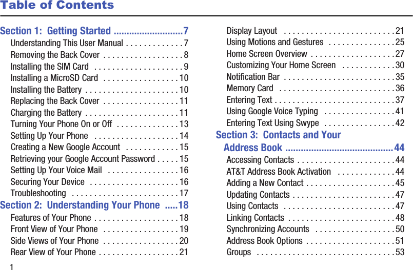 1Table of ContentsSection 1:  Getting Started ...........................7Understanding This User Manual . . . . . . . . . . . . . 7Removing the Back Cover  . . . . . . . . . . . . . . . . . . 8Installing the SIM Card  . . . . . . . . . . . . . . . . . . . . 9Installing a MicroSD Card  . . . . . . . . . . . . . . . . . 10Installing the Battery  . . . . . . . . . . . . . . . . . . . . . 10Replacing the Back Cover  . . . . . . . . . . . . . . . . . 11Charging the Battery  . . . . . . . . . . . . . . . . . . . . . 11Turning Your Phone On or Off  . . . . . . . . . . . . . . 13Setting Up Your Phone   . . . . . . . . . . . . . . . . . . . 14Creating a New Google Account   . . . . . . . . . . . . 15Retrieving your Google Account Password . . . . . 15Setting Up Your Voice Mail   . . . . . . . . . . . . . . . . 16Securing Your Device  . . . . . . . . . . . . . . . . . . . . 16Troubleshooting  . . . . . . . . . . . . . . . . . . . . . . . . 17Section 2:  Understanding Your Phone  .....18Features of Your Phone . . . . . . . . . . . . . . . . . . . 18Front View of Your Phone  . . . . . . . . . . . . . . . . . 19Side Views of Your Phone  . . . . . . . . . . . . . . . . . 20Rear View of Your Phone . . . . . . . . . . . . . . . . . . 21Display Layout   . . . . . . . . . . . . . . . . . . . . . . . . . 21Using Motions and Gestures  . . . . . . . . . . . . . . .25Home Screen Overview  . . . . . . . . . . . . . . . . . . .27Customizing Your Home Screen   . . . . . . . . . . . .30Notification Bar  . . . . . . . . . . . . . . . . . . . . . . . . .35Memory Card   . . . . . . . . . . . . . . . . . . . . . . . . . . 36Entering Text . . . . . . . . . . . . . . . . . . . . . . . . . . . 37Using Google Voice Typing   . . . . . . . . . . . . . . . .41Entering Text Using Swype  . . . . . . . . . . . . . . . . 42Section 3:  Contacts and Your Address Book ..........................................44Accessing Contacts . . . . . . . . . . . . . . . . . . . . . .44AT&amp;T Address Book Activation   . . . . . . . . . . . . . 44Adding a New Contact . . . . . . . . . . . . . . . . . . . . 45Updating Contacts . . . . . . . . . . . . . . . . . . . . . . . 47Using Contacts  . . . . . . . . . . . . . . . . . . . . . . . . . 47Linking Contacts  . . . . . . . . . . . . . . . . . . . . . . . . 48Synchronizing Accounts   . . . . . . . . . . . . . . . . . .50Address Book Options  . . . . . . . . . . . . . . . . . . . .51Groups  . . . . . . . . . . . . . . . . . . . . . . . . . . . . . . .53DRAFT - For Internal Use Only