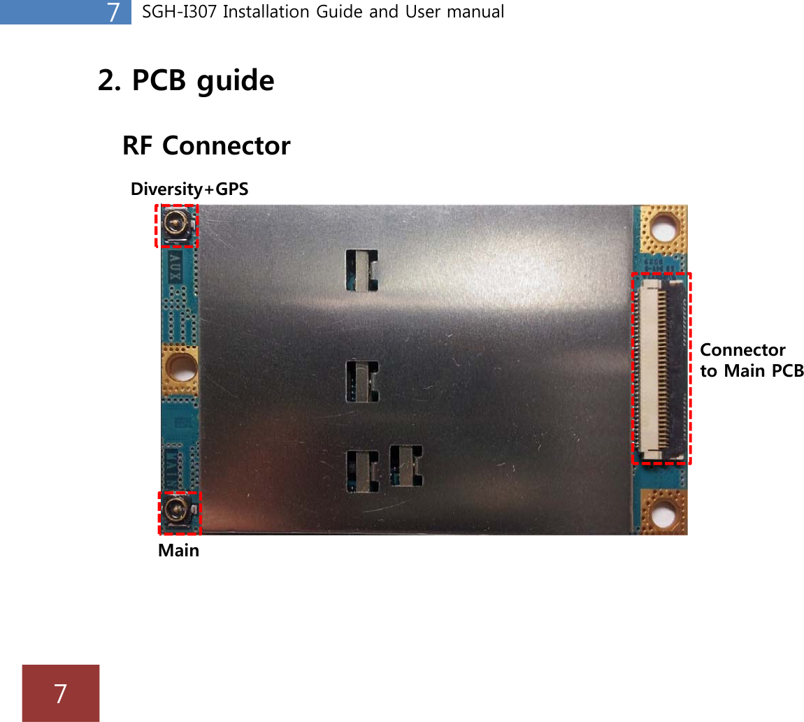 7SGH-I307 Installation Guide and User manual2. PCB guideRF ConnectorDiversity+GPSRF ConnectorCtConnectorto Main PCBMain7