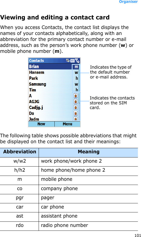 Organiser101Viewing and editing a contact cardWhen you access Contacts, the contact list displays the names of your contacts alphabetically, along with an abbreviation for the primary contact number or e-mail address, such as the person’s work phone number (w) or mobile phone number (m).The following table shows possible abbreviations that might be displayed on the contact list and their meanings:Abbreviation Meaningw/w2 work phone/work phone 2h/h2 home phone/home phone 2m mobile phoneco company phonepgr pagercar car phoneast assistant phonerdo radio phone numberIndicates the type of the default number or e-mail address.Indicates the contacts stored on the SIM card.