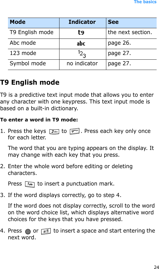 The basics24T9 English modeT9 is a predictive text input mode that allows you to enter any character with one keypress. This text input mode is based on a built-in dictionary.To enter a word in T9 mode:1. Press the keys   to  . Press each key only once for each letter.The word that you are typing appears on the display. It may change with each key that you press.2. Enter the whole word before editing or deleting characters.Press   to insert a punctuation mark.3. If the word displays correctly, go to step 4.If the word does not display correctly, scroll to the word on the word choice list, which displays alternative word choices for the keys that you have pressed.4. Press   or   to insert a space and start entering the next word.Mode Indicator SeeT9 English mode the next section.Abc mode page 26.123 mode page 27.Symbol mode no indicator page 27.