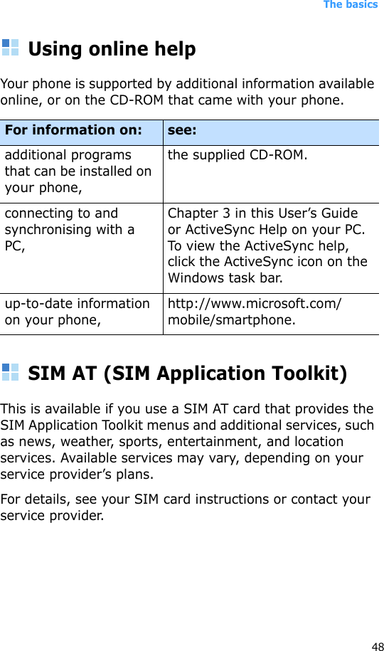 The basics48Using online helpYour phone is supported by additional information available online, or on the CD-ROM that came with your phone.SIM AT (SIM Application Toolkit)This is available if you use a SIM AT card that provides the SIM Application Toolkit menus and additional services, such as news, weather, sports, entertainment, and location services. Available services may vary, depending on your service provider’s plans.For details, see your SIM card instructions or contact your service provider.For information on: see:additional programs that can be installed on your phone,the supplied CD-ROM.connecting to and synchronising with a PC,Chapter 3 in this User’s Guide or ActiveSync Help on your PC. To view the ActiveSync help, click the ActiveSync icon on the Windows task bar.up-to-date information on your phone,http://www.microsoft.com/mobile/smartphone.