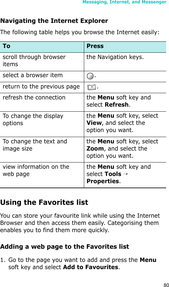 Messaging, Internet, and Messenger80Navigating the Internet ExplorerThe following table helps you browse the Internet easily:Using the Favorites listYou can store your favourite link while using the Internet Browser and then access them easily. Categorising them enables you to find them more quickly.Adding a web page to the Favorites list1. Go to the page you want to add and press the Menu soft key and select Add to Favourites.To Pressscroll through browser itemsthe Navigation keys.select a browser item .return to the previous page .refresh the connection the Menu soft key and select Refresh. To change the display optionsthe Menu soft key, select View, and select the option you want.To change the text and image sizethe Menu soft key, select Zoom, and select the option you want.view information on the web pagethe Menu soft key and select Tools → Properties.