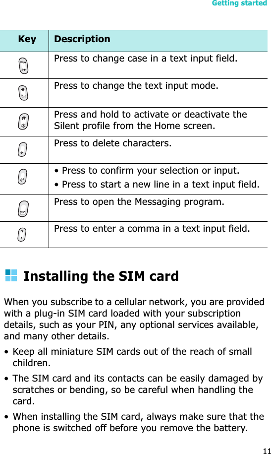 Getting started11Installing the SIM cardWhen you subscribe to a cellular network, you are provided with a plug-in SIM card loaded with your subscription details, such as your PIN, any optional services available, and many other details.• Keep all miniature SIM cards out of the reach of small children.• The SIM card and its contacts can be easily damaged by scratches or bending, so be careful when handling the card.• When installing the SIM card, always make sure that the phone is switched off before you remove the battery.Press to change case in a text input field.Press to change the text input mode.Press and hold to activate or deactivate the Silent profile from the Home screen.Press to delete characters.• Press to confirm your selection or input.• Press to start a new line in a text input field.Press to open the Messaging program.Press to enter a comma in a text input field.Key Description