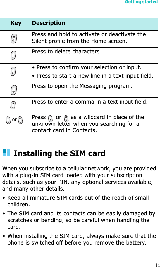 Getting started11Installing the SIM cardWhen you subscribe to a cellular network, you are provided with a plug-in SIM card loaded with your subscription details, such as your PIN, any optional services available, and many other details.• Keep all miniature SIM cards out of the reach of small children.• The SIM card and its contacts can be easily damaged by scratches or bending, so be careful when handling the card.• When installing the SIM card, always make sure that the phone is switched off before you remove the battery.Press and hold to activate or deactivate the Silent profile from the Home screen.Press to delete characters.• Press to confirm your selection or input.• Press to start a new line in a text input field.Press to open the Messaging program.Press to enter a comma in a text input field.orPress   or   as a wildcard in place of the unknown letter when you searching for a contact card in Contacts.Key Description