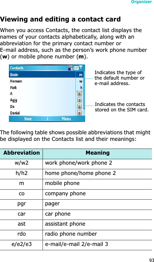 Organiser93Viewing and editing a contact cardWhen you access Contacts, the contact list displays the names of your contacts alphabetically, along with an abbreviation for the primary contact number or E-mail address, such as the person’s work phone number (w) or mobile phone number (m).The following table shows possible abbreviations that might be displayed on the Contacts list and their meanings:Abbreviation Meaningw/w2 work phone/work phone 2h/h2 home phone/home phone 2m mobile phoneco company phonepgr pagercar car phoneast assistant phonerdo radio phone numbere/e2/e3 e-mail/e-mail 2/e-mail 3Indicates the type of the default number or e-mail address.Indicates the contacts stored on the SIM card.