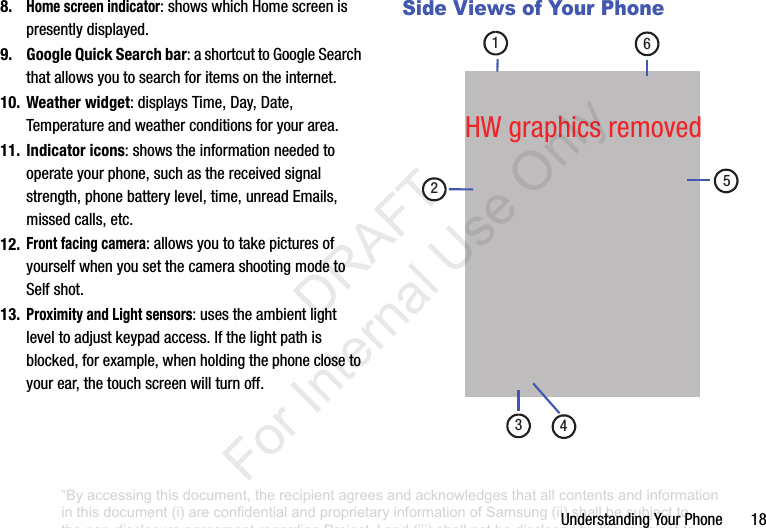 UnderstandingYourPhone188.Home screen indicator:showswhichHomescreenispresentlydisplayed.9. Google Quick Search bar:ashortcuttoGoogleSearchthatallowsyoutosearchforitemsontheinternet.10. Weather widget:displaysTime,Day,Date,Temperatureandweatherconditionsforyourarea.11. Indicator icons:showstheinformationneededtooperateyourphone,suchasthereceivedsignalstrength,phonebatterylevel,time,unreadEmails,missedcalls,etc.12.Front facing camera:allowsyoutotakepicturesofyourselfwhenyousetthecamerashootingmodetoSelfshot.13.Proximity and Light sensors:usestheambientlightleveltoadjustkeypadaccess.Ifthelightpathisblocked,forexample,whenholdingthephoneclosetoyourear,thetouchscreenwillturnoff.Side Views of Your Phone512436HWgraphicsremoved“By accessing this document, the recipient agrees and acknowledges that all contents and information in this document (i) are confidential and proprietary information of Samsung (ii) shall be subject to the non-disclosure agreement regarding Project J and (iii) shall not be disclosed by the recipient to any third party. Samsung Proprietary and Confidential” DRAFT For Internal Use Only