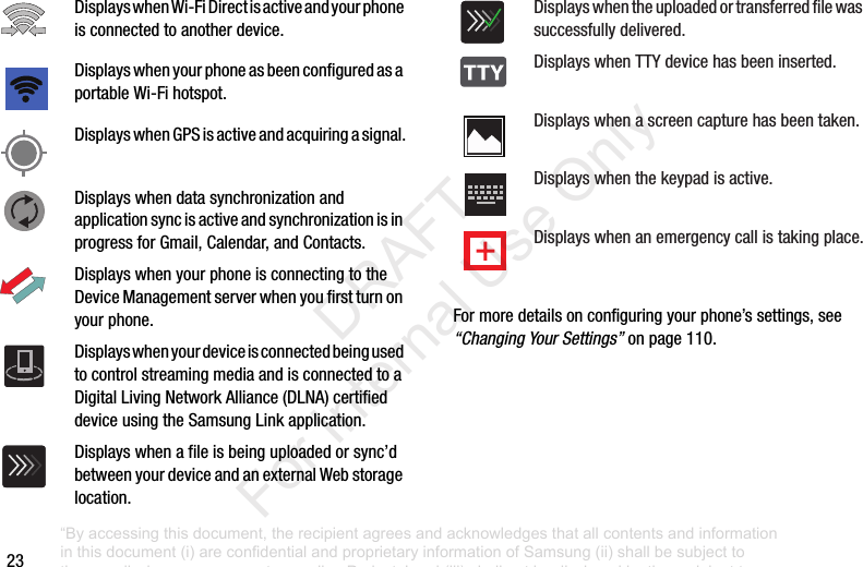 23Formoredetailsonconfiguringyourphone’ssettings,see“Changing Your Settings”onpage 110.DisplayswhenWi-FiDirectisactiveandyourphoneisconnectedtoanotherdevice.DisplayswhenyourphoneasbeenconfiguredasaportableWi-Fihotspot.DisplayswhenGPSisactiveandacquiringasignal.DisplayswhendatasynchronizationandapplicationsyncisactiveandsynchronizationisinprogressforGmail,Calendar,andContacts.DisplayswhenyourphoneisconnectingtotheDeviceManagementserverwhenyoufirstturnonyourphone.DisplayswhenyourdeviceisconnectedbeingusedtocontrolstreamingmediaandisconnectedtoaDigitalLivingNetworkAlliance(DLNA)certifieddeviceusingtheSamsungLinkapplication.Displayswhenafileisbeinguploadedorsync’dbetweenyourdeviceandanexternalWebstoragelocation.Displayswhentheuploadedortransferredfilewassuccessfullydelivered.DisplayswhenTTYdevicehasbeeninserted.Displayswhenascreencapturehasbeentaken.Displayswhenthekeypadisactive.Displayswhenanemergencycallistakingplace.“By accessing this document, the recipient agrees and acknowledges that all contents and information in this document (i) are confidential and proprietary information of Samsung (ii) shall be subject to the non-disclosure agreement regarding Project J and (iii) shall not be disclosed by the recipient to any third party. Samsung Proprietary and Confidential” DRAFT For Internal Use Only