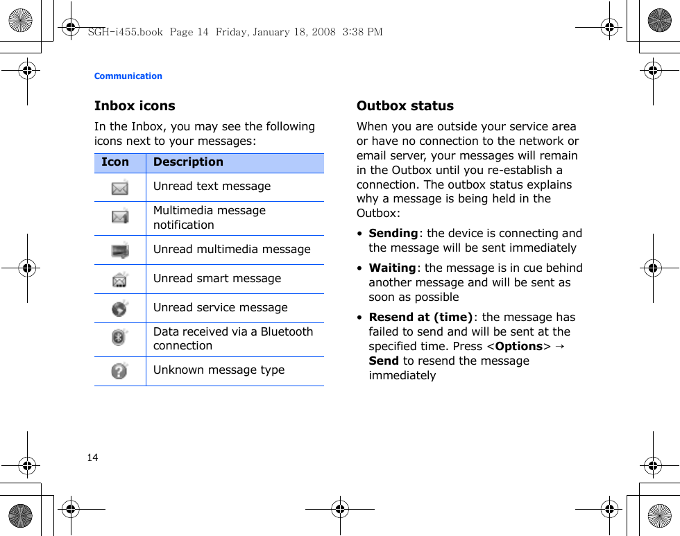 Communication14Inbox iconsIn the Inbox, you may see the following icons next to your messages:Outbox statusWhen you are outside your service area or have no connection to the network or email server, your messages will remain in the Outbox until you re-establish a connection. The outbox status explains why a message is being held in the Outbox:•Sending: the device is connecting and the message will be sent immediately•Waiting: the message is in cue behind another message and will be sent as soon as possible•Resend at (time): the message has failed to send and will be sent at the specified time. Press &lt;Options&gt; → Send to resend the message immediatelyIcon DescriptionUnread text messageMultimedia message notificationUnread multimedia messageUnread smart messageUnread service messageData received via a Bluetooth connectionUnknown message typeSGH-i455.book  Page 14  Friday, January 18, 2008  3:38 PM