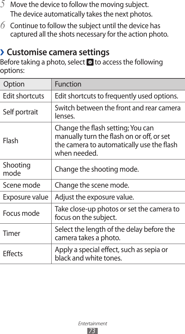 Entertainment73Move the device to follow the moving subject.5 The device automatically takes the next photos.Continue to follow the subject until the device has 6 captured all the shots necessary for the action photo.Customise camera settings ›Before taking a photo, select   to access the following options:Option FunctionEdit shortcuts Edit shortcuts to frequently used options.Self portrait Switch between the front and rear camera lenses.FlashChange the flash setting; You can manually turn the flash on or off, or set the camera to automatically use the flash when needed.Shooting mode Change the shooting mode.Scene mode Change the scene mode.Exposure value Adjust the exposure value.Focus mode Take close-up photos or set the camera to focus on the subject.Timer Select the length of the delay before the camera takes a photo.Effects Apply a special effect, such as sepia or black and white tones.