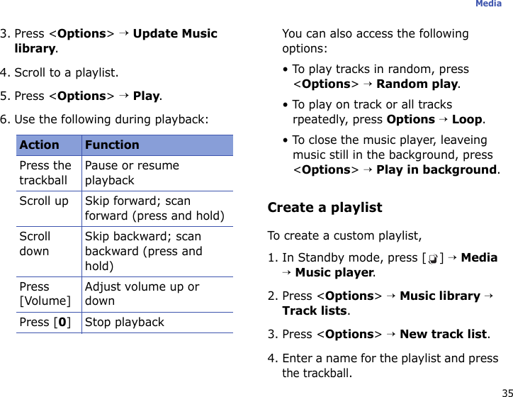35Media3. Press &lt;Options&gt; → Update Music library.4. Scroll to a playlist.5. Press &lt;Options&gt; → Play.6. Use the following during playback:You can also access the following options:• To play tracks in random, press &lt;Options&gt; → Random play.• To play on track or all tracks rpeatedly, press Options → Loop.• To close the music player, leaveing music still in the background, press &lt;Options&gt; → Play in background.Create a playlistTo create a custom playlist, 1. In Standby mode, press [ ] → Media → Music player.2. Press &lt;Options&gt; → Music library → Track lists.3. Press &lt;Options&gt; → New track list.4. Enter a name for the playlist and press the trackball.Action FunctionPress the trackballPause or resume playbackScroll up Skip forward; scan forward (press and hold)Scroll downSkip backward; scan backward (press and hold)Press [Volume]Adjust volume up or downPress [0] Stop playback