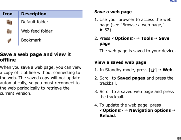 55WebSave a web page and view it offlineWhen you save a web page, you can view a copy of it offline without connecting to the web. The saved copy will not update automatically, so you must reconnect to the web periodically to retrieve the current version. Save a web page1. Use your browser to access the web page (see &quot;Browse a web page,&quot; X 52).2. Press &lt;Options&gt; → Tools → Save page.The web page is saved to your device.View a saved web page1. In Standby mode, press [ ] → Web.2. Scroll to Saved pages and press the trackball.3. Scroll to a saved web page and press the trackball.4. To update the web page, press &lt;Options&gt; → Navigation options → Reload.Default folderWeb feed folderBookmarkIcon Description