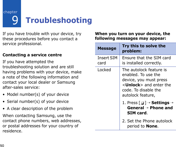 909TroubleshootingIf you have trouble with your device, try these procedures before you contact a service professional.Contacting a service centreIf you have attempted the troubleshooting solution and are still having problems with your device, make a note of the following information and contact your local dealer or Samsung after-sales service:• Model number(s) of your device• Serial number(s) of your device• A clear description of the problemWhen contacting Samsung, use the contact phone numbers, web addresses, or postal addresses for your country of residence.When you turn on your device, the following messages may appear:Message Try this to solve the problem:Insert SIM cardEnsure that the SIM card is installed correctly.Locked The autolock feature is enabled. To use the device, you must press &lt;Unlock&gt; and enter the code. To disable the autolock feature, 1. Press [ ] → Settings → General → Phone and SIM card. 2. Set the Phone autolock period to None.