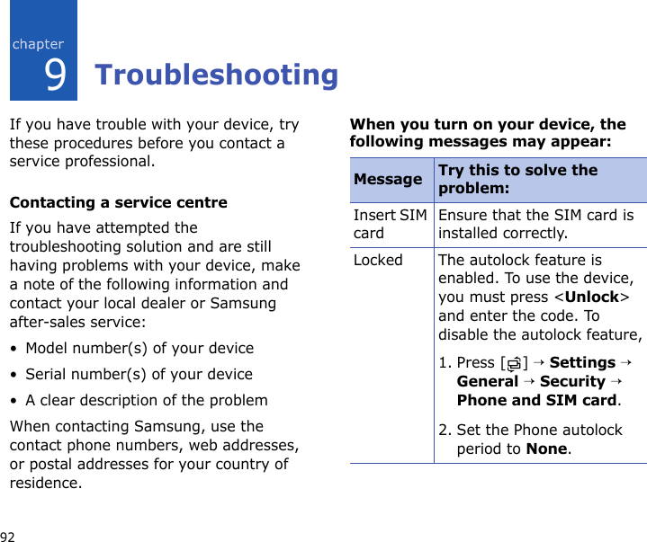 929TroubleshootingIf you have trouble with your device, try these procedures before you contact a service professional.Contacting a service centreIf you have attempted the troubleshooting solution and are still having problems with your device, make a note of the following information and contact your local dealer or Samsung after-sales service:• Model number(s) of your device• Serial number(s) of your device• A clear description of the problemWhen contacting Samsung, use the contact phone numbers, web addresses, or postal addresses for your country of residence.When you turn on your device, the following messages may appear:Message Try this to solve the problem:Insert SIM cardEnsure that the SIM card is installed correctly.Locked The autolock feature is enabled. To use the device, you must press &lt;Unlock&gt; and enter the code. To disable the autolock feature,1. Press [ ] → Settings → General → Security → Phone and SIM card. 2. Set the Phone autolock period to None.