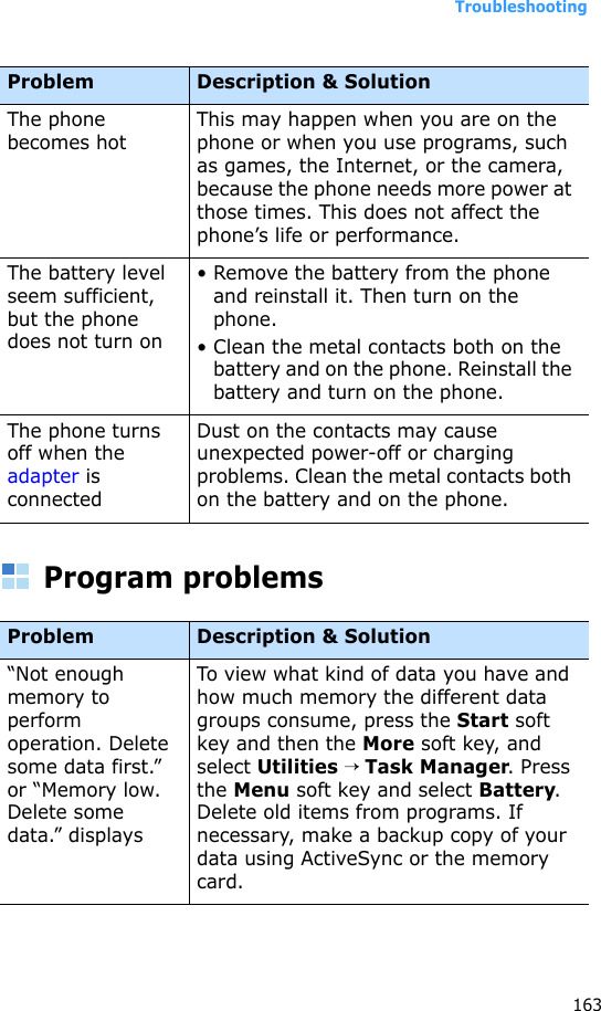 Troubleshooting163Program problemsThe phone becomes hotThis may happen when you are on the phone or when you use programs, such as games, the Internet, or the camera, because the phone needs more power at those times. This does not affect the phone’s life or performance.The battery level seem sufficient, but the phone does not turn on• Remove the battery from the phone and reinstall it. Then turn on the phone.• Clean the metal contacts both on the battery and on the phone. Reinstall the battery and turn on the phone.The phone turns off when the adapter is connectedDust on the contacts may cause unexpected power-off or charging problems. Clean the metal contacts both on the battery and on the phone.Problem Description &amp; Solution“Not enough memory to perform operation. Delete some data first.” or “Memory low. Delete some data.” displaysTo view what kind of data you have and how much memory the different data groups consume, press the Start soft key and then the More soft key, and select Utilities → Task Manager. Press the Menu soft key and select Battery. Delete old items from programs. If necessary, make a backup copy of your data using ActiveSync or the memory card.Problem Description &amp; Solution