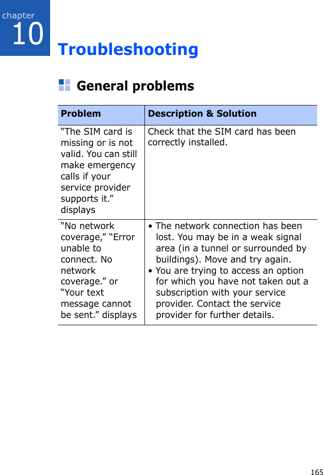 16510TroubleshootingGeneral problemsProblem Description &amp; Solution“The SIM card is missing or is not valid. You can still make emergency calls if your service provider supports it.” displaysCheck that the SIM card has been correctly installed.“No network coverage,” “Error unable to connect. No network coverage.” or “Your text message cannot be sent.” displays• The network connection has been lost. You may be in a weak signal area (in a tunnel or surrounded by buildings). Move and try again.• You are trying to access an option for which you have not taken out a subscription with your service provider. Contact the service provider for further details.
