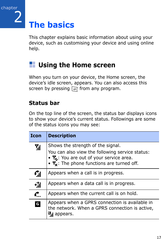 172The basicsThis chapter explains basic information about using your device, such as customising your device and using online help.Using the Home screenWhen you turn on your device, the Home screen, the device’s idle screen, appears. You can also access this screen by pressing   from any program.Status barOn the top line of the screen, the status bar displays icons to show your device’s current status. Followings are some of the status icons you may see:Icon DescriptionShows the strength of the signal.You can also view the following service status:•  : You are out of your service area.•  : The phone functions are turned off.Appears when a call is in progress.Appears when a data call is in progress.Appears when the current call is on hold.Appears when a GPRS connection is available in the network. When a GPRS connection is active,  appears.