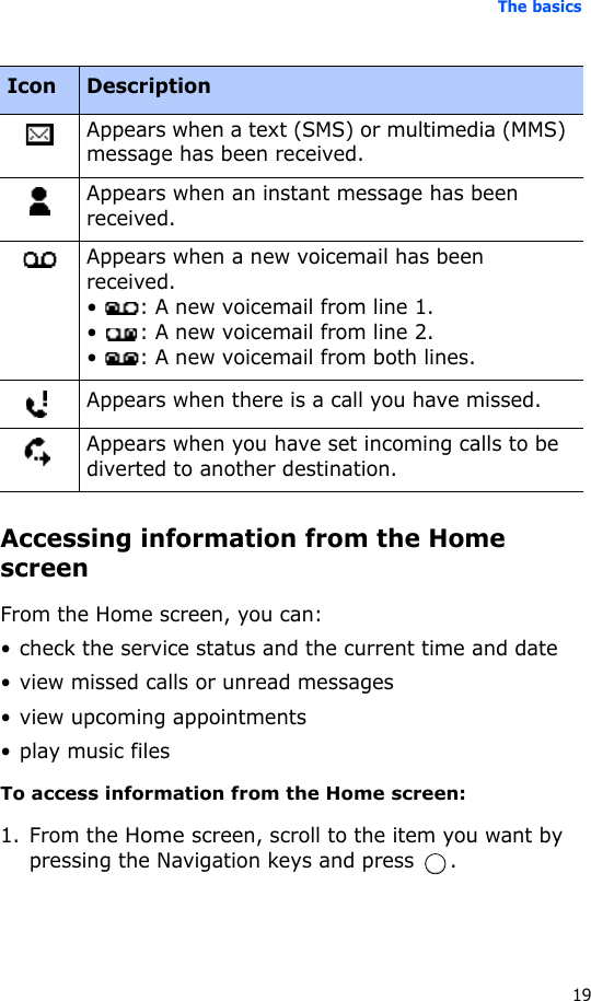 The basics19Accessing information from the Home screenFrom the Home screen, you can:• check the service status and the current time and date• view missed calls or unread messages• view upcoming appointments• play music filesTo access information from the Home screen: 1. From the Home screen, scroll to the item you want by pressing the Navigation keys and press  .Appears when a text (SMS) or multimedia (MMS) message has been received.Appears when an instant message has been received.Appears when a new voicemail has been received.•  : A new voicemail from line 1.•  : A new voicemail from line 2.•  : A new voicemail from both lines.Appears when there is a call you have missed.Appears when you have set incoming calls to be diverted to another destination.Icon Description