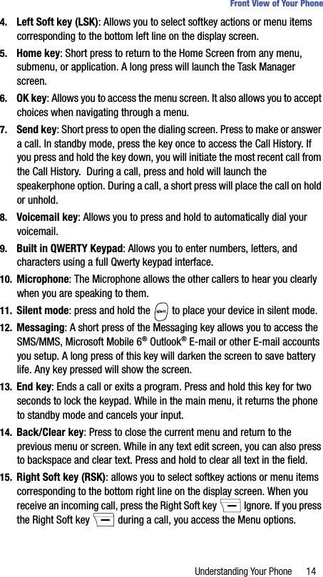Understanding Your Phone 14Front View of Your Phone4. Left Soft key (LSK): Allows you to select softkey actions or menu items corresponding to the bottom left line on the display screen.5. Home key: Short press to return to the Home Screen from any menu, submenu, or application. A long press will launch the Task Manager screen.6. OK key: Allows you to access the menu screen. It also allows you to accept choices when navigating through a menu.7. Send key: Short press to open the dialing screen. Press to make or answer a call. In standby mode, press the key once to access the Call History. If you press and hold the key down, you will initiate the most recent call from the Call History.  During a call, press and hold will launch the speakerphone option. During a call, a short press will place the call on hold or unhold.8. Voicemail key: Allows you to press and hold to automatically dial your voicemail.9. Built in QWERTY Keypad: Allows you to enter numbers, letters, and characters using a full Qwerty keypad interface.10. Microphone: The Microphone allows the other callers to hear you clearly when you are speaking to them.11. Silent mode: press and hold the   to place your device in silent mode.12. Messaging: A short press of the Messaging key allows you to access the SMS/MMS, Microsoft Mobile 6® Outlook® E-mail or other E-mail accounts you setup. A long press of this key will darken the screen to save battery life. Any key pressed will show the screen.13. End key: Ends a call or exits a program. Press and hold this key for two seconds to lock the keypad. While in the main menu, it returns the phone to standby mode and cancels your input.  14. Back/Clear key: Press to close the current menu and return to the previous menu or screen. While in any text edit screen, you can also press to backspace and clear text. Press and hold to clear all text in the field.15. Right Soft key (RSK): allows you to select softkey actions or menu items corresponding to the bottom right line on the display screen. When you receive an incoming call, press the Right Soft key   Ignore. If you press the Right Soft key   during a call, you access the Menu options.
