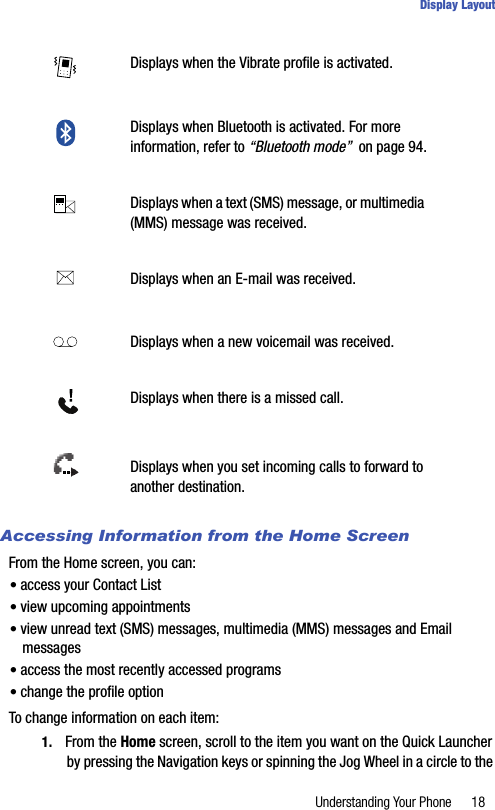 Understanding Your Phone 18Display LayoutAccessing Information from the Home ScreenFrom the Home screen, you can:• access your Contact List• view upcoming appointments• view unread text (SMS) messages, multimedia (MMS) messages and Email messages• access the most recently accessed programs• change the profile optionTo change information on each item:1. From the Home screen, scroll to the item you want on the Quick Launcher by pressing the Navigation keys or spinning the Jog Wheel in a circle to the Displays when the Vibrate profile is activated.Displays when Bluetooth is activated. For more information, refer to “Bluetooth mode”  on page 94.Displays when a text (SMS) message, or multimedia (MMS) message was received.Displays when an E-mail was received.Displays when a new voicemail was received. Displays when there is a missed call.Displays when you set incoming calls to forward to another destination.