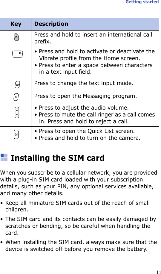 Getting started11Installing the SIM cardWhen you subscribe to a cellular network, you are provided with a plug-in SIM card loaded with your subscription details, such as your PIN, any optional services available, and many other details.• Keep all miniature SIM cards out of the reach of small children.• The SIM card and its contacts can be easily damaged by scratches or bending, so be careful when handling the card.• When installing the SIM card, always make sure that the device is switched off before you remove the battery. Press and hold to insert an international call prefix.• Press and hold to activate or deactivate the Vibrate profile from the Home screen.• Press to enter a space between characters in a text input field. Press to change the text input mode. Press to open the Messaging program. • Press to adjust the audio volume.• Press to mute the call ringer as a call comes in. Press and hold to reject a call.• Press to open the Quick List screen.• Press and hold to turn on the camera.Key Description