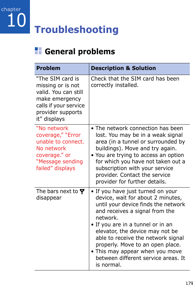 17910TroubleshootingGeneral problemsProblem Description &amp; Solution“The SIM card is missing or is not valid. You can still make emergency calls if your service provider supports it” displaysCheck that the SIM card has been correctly installed.“No network coverage,” “Error unable to connect. No network coverage.” or “Message sending failed” displays• The network connection has been lost. You may be in a weak signal area (in a tunnel or surrounded by buildings). Move and try again.• You are trying to access an option for which you have not taken out a subscription with your service provider. Contact the service provider for further details.The bars next to   disappear • If you have just turned on your device, wait for about 2 minutes, until your device finds the network and receives a signal from the network.• If you are in a tunnel or in an elevator, the device may not be able to receive the network signal properly. Move to an open place. • This may appear when you move between different service areas. It is normal.