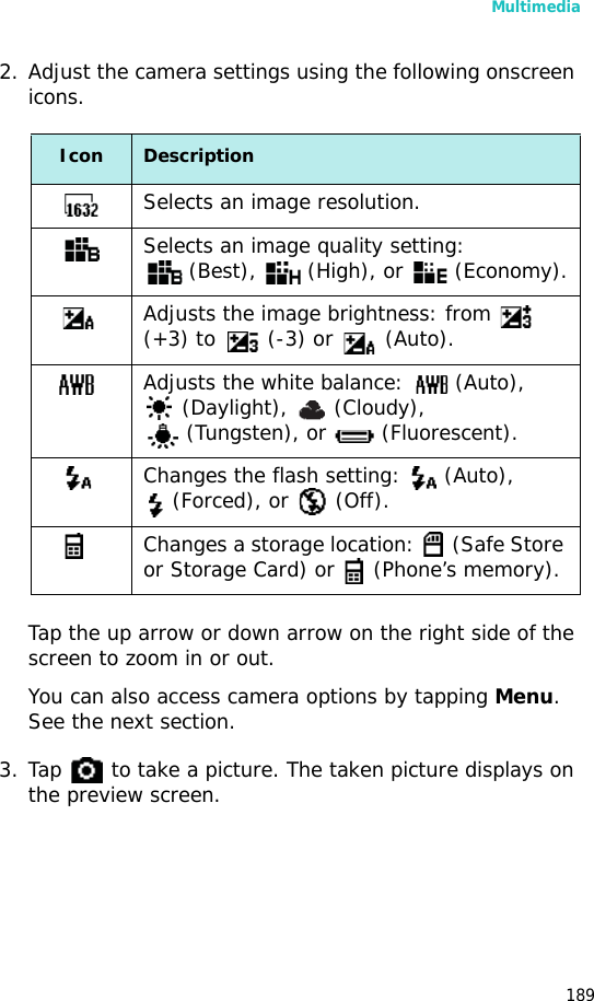 Multimedia1892. Adjust the camera settings using the following onscreen icons.Tap the up arrow or down arrow on the right side of the screen to zoom in or out.You can also access camera options by tapping Menu. See the next section.3. Tap   to take a picture. The taken picture displays on the preview screen.Icon DescriptionSelects an image resolution. Selects an image quality setting: (Best),   (High), or   (Economy).Adjusts the image brightness: from   (+3) to   (-3) or   (Auto).Adjusts the white balance:   (Auto), (Daylight),   (Cloudy),  (Tungsten), or   (Fluorescent).Changes the flash setting:   (Auto),  (Forced), or   (Off).Changes a storage location:   (Safe Store or Storage Card) or   (Phone’s memory).