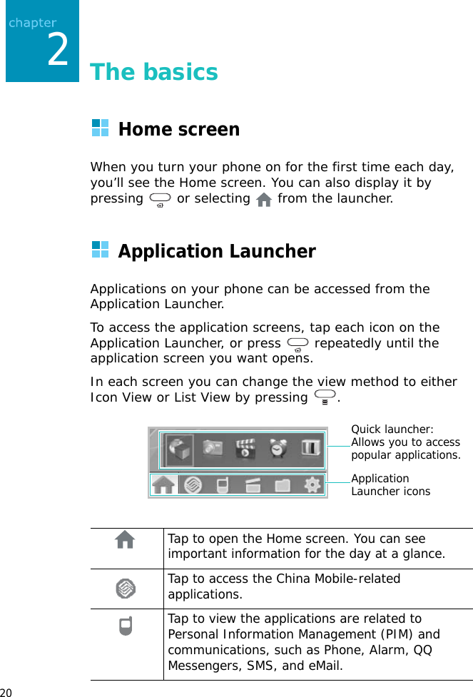 202The basicsHome screenWhen you turn your phone on for the first time each day, you’ll see the Home screen. You can also display it by pressing  or selecting   from the launcher.Application LauncherApplications on your phone can be accessed from the Application Launcher.To access the application screens, tap each icon on the Application Launcher, or press   repeatedly until the application screen you want opens.In each screen you can change the view method to either Icon View or List View by pressing  .Tap to open the Home screen. You can see important information for the day at a glance. Tap to access the China Mobile-related applications.Tap to view the applications are related to Personal Information Management (PIM) and communications, such as Phone, Alarm, QQ Messengers, SMS, and eMail.Application Launcher iconsQuick launcher: Allows you to access popular applications.
