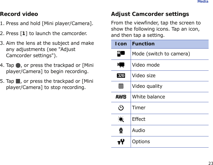 23MediaRecord video1. Press and hold [Mini player/Camera].2. Press [1] to launch the camcorder.3. Aim the lens at the subject and make any adjustments (see &quot;Adjust Camcorder settings&quot;).4. Tap  , or press the trackpad or [Mini player/Camera] to begin recording.5. Tap  , or press the trackpad or [Mini player/Camera] to stop recording.Adjust Camcorder settingsFrom the viewfinder, tap the screen to show the following icons. Tap an icon, and then tap a setting.Icon FunctionMode (switch to camera)Video modeVideo sizeVideo qualityWhite balanceTimerEffectAudioOptions