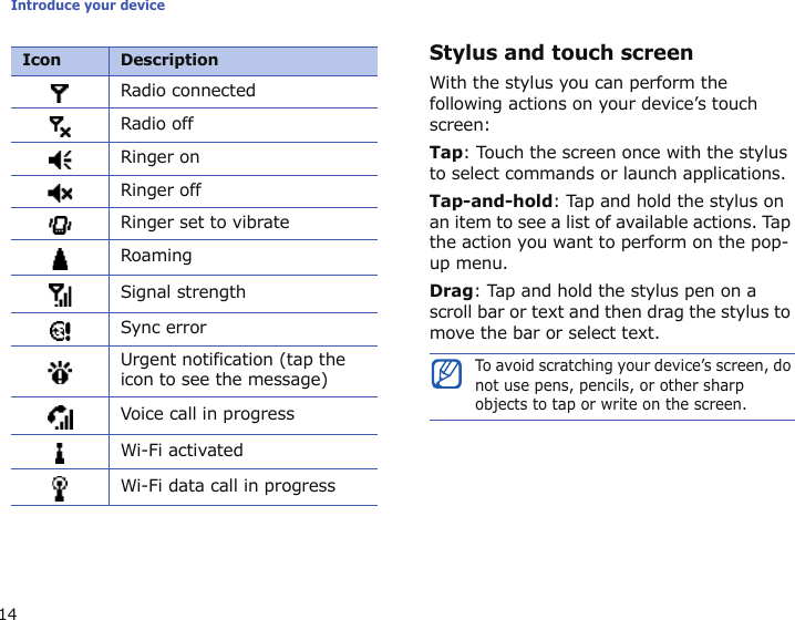 Introduce your device14Stylus and touch screenWith the stylus you can perform the following actions on your device’s touch screen:Tap: Touch the screen once with the stylus to select commands or launch applications.Tap-and-hold: Tap and hold the stylus on an item to see a list of available actions. Tap the action you want to perform on the pop-up menu.Drag: Tap and hold the stylus pen on a scroll bar or text and then drag the stylus to move the bar or select text.Radio connectedRadio offRinger onRinger offRinger set to vibrateRoamingSignal strengthSync errorUrgent notification (tap the icon to see the message)Voice call in progressWi-Fi activatedWi-Fi data call in progressIcon DescriptionTo avoid scratching your device’s screen, do not use pens, pencils, or other sharp objects to tap or write on the screen.