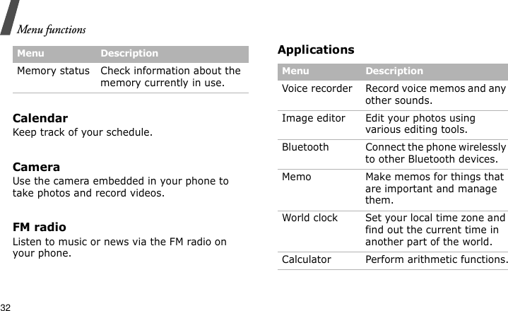 Menu functions32CalendarKeep track of your schedule.CameraUse the camera embedded in your phone to take photos and record videos.FM radioListen to music or news via the FM radio on your phone.ApplicationsMemory status Check information about the memory currently in use.Menu DescriptionMenu DescriptionVoice recorder Record voice memos and any other sounds.Image editor Edit your photos using various editing tools.Bluetooth Connect the phone wirelessly to other Bluetooth devices.Memo Make memos for things that are important and manage them.World clock Set your local time zone and find out the current time in another part of the world.Calculator Perform arithmetic functions.