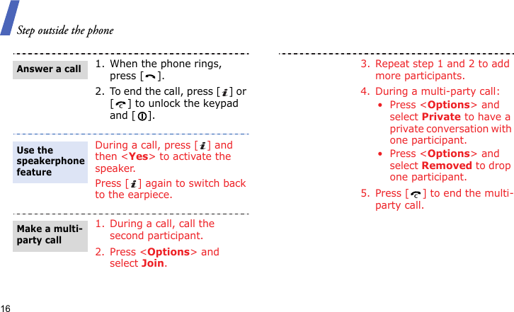 Step outside the phone161. When the phone rings, press [ ].2. To end the call, press [ ] or [ ] to unlock the keypad and [ ].During a call, press [ ] and then &lt;Yes&gt; to activate the speaker.Press [ ] again to switch back to the earpiece.1. During a call, call the second participant.2. Press &lt;Options&gt; and select Join.Answer a callUse the speakerphone featureMake a multi-party call3. Repeat step 1 and 2 to add more participants.4. During a multi-party call:•Press &lt;Options&gt; and select Private to have a private conversation with one participant.•Press &lt;Options&gt; and select Removed to drop one participant.5. Press [ ] to end the multi-party call.