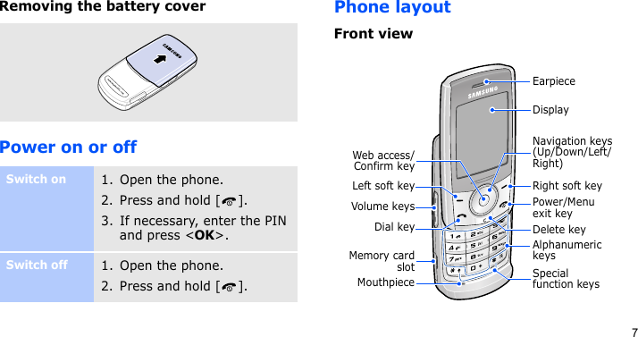 7Removing the battery coverPower on or offPhone layoutFront viewSwitch on1. Open the phone.2. Press and hold [ ].3. If necessary, enter the PIN and press &lt;OK&gt;.Switch off1. Open the phone.2. Press and hold [ ].MouthpieceWeb access/Confirm keyVolume keysLeft soft keyDial keyMemory cardslotEarpiecePower/Menu exit keyRight soft keyNavigation keys (Up/Down/Left/Right)DisplayAlphanumeric keysSpecial function keysDelete key