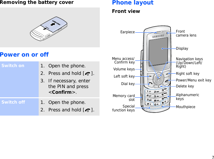 7Removing the battery coverPower on or offPhone layoutFront viewSwitch on1. Open the phone.2. Press and hold [ ].3. If necessary, enter the PIN and press &lt;Confirm&gt;.Switch off1. Open the phone.2. Press and hold [ ].DisplayNavigation keys (Up/Down/Left/Right)Power/Menu exit keyRight soft keyDelete keyMouthpieceEarpieceSpecialfunction keysMemory cardslotDial keyMenu access/Confirm keyLeft soft keyVolume keysFront camera lensAlphanumeric keys