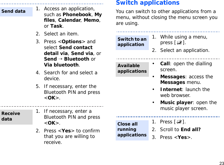 23Switch applicationsYou can switch to other applications from a menu, without closing the menu screen you are using.1. Access an application, such as Phonebook, My files, Calendar, Memo, or Task.2. Select an item.3. Press &lt;Options&gt; and select Send contact detail via, Send via, or Send → Bluetooth or Via bluetooth.4. Search for and select a device.5. If necessary, enter the Bluetooth PIN and press &lt;OK&gt;.1. If necessary, enter a Bluetooth PIN and press &lt;OK&gt;.2. Press &lt;Yes&gt; to confirm that you are willing to receive.Send dataReceive data1. While using a menu, press [ ].2. Select an application.•Call: open the dialling screen.•Messages: access the Messages menu.•Internet: launch the web browser.•Music player: open the music player screen.1. Press [ ].2. Scroll to End all?3. Press &lt;Yes&gt;. Switch to an applicationAvailable applicationsClose all running applications