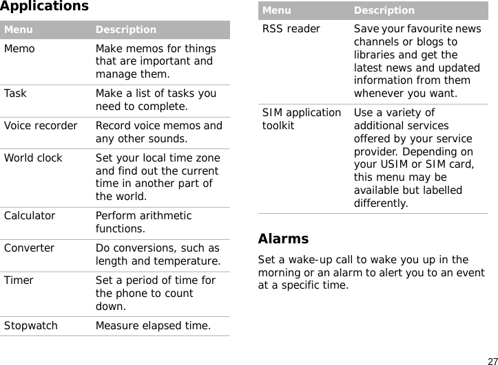 27ApplicationsAlarmsSet a wake-up call to wake you up in the morning or an alarm to alert you to an event at a specific time.Menu DescriptionMemo Make memos for things that are important and manage them.Task Make a list of tasks you need to complete.Voice recorder Record voice memos and any other sounds.World clock Set your local time zone and find out the current time in another part of the world.Calculator Perform arithmetic functions.Converter Do conversions, such as length and temperature.Timer Set a period of time for the phone to count down.Stopwatch Measure elapsed time. RSS reader Save your favourite news channels or blogs to libraries and get the latest news and updated information from them whenever you want.SIM application toolkit Use a variety of additional services offered by your service provider. Depending on your USIM or SIM card, this menu may be available but labelled differently.Menu Description