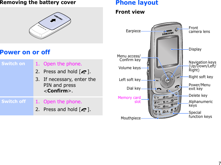 7Removing the battery coverPower on or offPhone layoutFront viewSwitch on1. Open the phone.2. Press and hold [ ].3. If necessary, enter the PIN and press &lt;Confirm&gt;.Switch off1. Open the phone.2. Press and hold [ ].DisplayNavigation keys (Up/Down/Left/Right)Power/Menu exit keyRight soft keyDelete keySpecial function keysEarpieceMouthpieceDial keyMenu access/Confirm keyLeft soft keyVolume keysFront camera lensMemory cardslot Alphanumeric keys