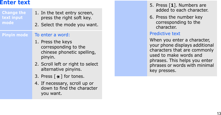 13Enter textChange the text input mode1. In the text entry screen, press the right soft key.2. Select the mode you want.Pinyin modeTo ent e r a wor d:1. Press the keys corresponding to the chinese phonetic spelling, pinyin.2. Scroll left or right to select alternative pinyins.3. Press [ ] for tones.4. If necessary, scroll up or down to find the character you want.5. Press [1]. Numbers are added to each character.6. Press the number key corresponding to the character.Predictive textWhen you enter a character, your phone displays additional characters that are commonly used to make words and phrases. This helps you enter phrases or words with minimal key presses.