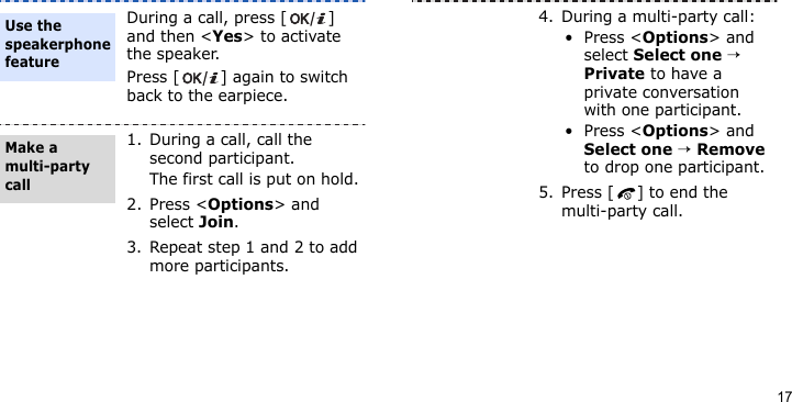 17During a call, press [ ] and then &lt;Yes&gt; to activate the speaker.Press [ ] again to switch back to the earpiece.1. During a call, call the second participant.The first call is put on hold.2. Press &lt;Options&gt; and select Join.3. Repeat step 1 and 2 to add more participants.Use the speakerphone featureMake a multi-party call4. During a multi-party call:•Press &lt;Options&gt; and select Select one → Private to have a private conversation with one participant. •Press &lt;Options&gt; and Select one → Remove to drop one participant.5. Press [ ] to end the multi-party call.