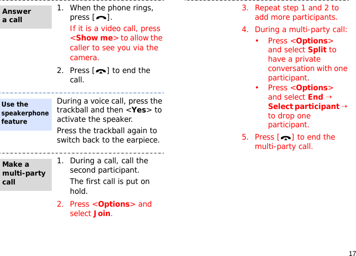 171. When the phone rings, press [ ].If it is a video call, press &lt;Show me&gt; to allow the caller to see you via the camera.2. Press [ ] to end the call.During a voice call, press the trackball and then &lt;Yes&gt; to activate the speaker.Press the trackball again to switch back to the earpiece.1. During a call, call the second participant.The first call is put on hold.2. Press &lt;Options&gt; and select Join.Answer a callUse the speakerphone featureMake a multi-party call3. Repeat step 1 and 2 to add more participants.4. During a multi-party call:•Press &lt;Options&gt; and select Split to have a private conversation with one participant. •Press &lt;Options&gt; and select End → Select participant → to drop one participant.5. Press [ ] to end the multi-party call.