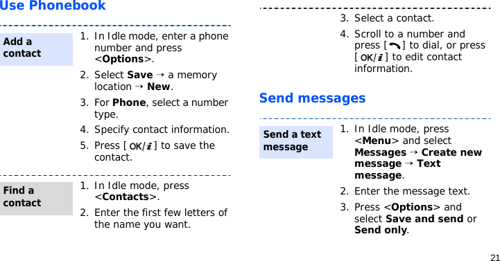 21Use PhonebookSend messages1. In Idle mode, enter a phone number and press &lt;Options&gt;.2. Select Save → a memory location → New.3. For Phone, select a number type.4. Specify contact information.5. Press [ ] to save the contact.1. In Idle mode, press &lt;Contacts&gt;.2. Enter the first few letters of the name you want.Add a contactFind a contact3. Select a contact.4. Scroll to a number and press [ ] to dial, or press [ ] to edit contact information.1. In Idle mode, press &lt;Menu&gt; and select Messages → Create new message → Text message.2. Enter the message text.3. Press &lt;Options&gt; and select Save and send or Send only.Send a text message