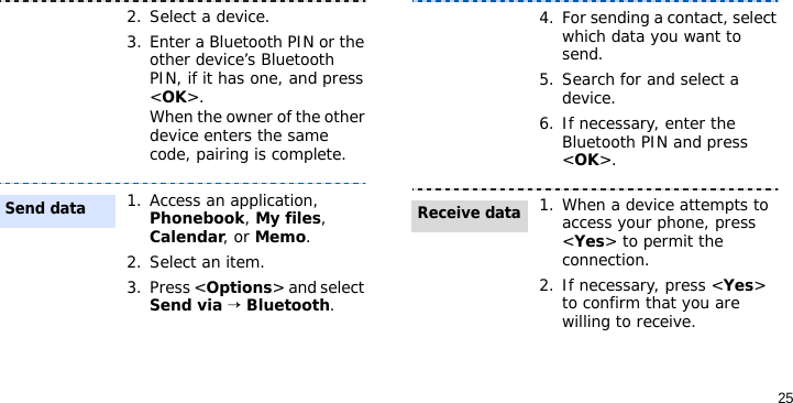 252. Select a device.3. Enter a Bluetooth PIN or the other device’s Bluetooth PIN, if it has one, and press &lt;OK&gt;.When the owner of the other device enters the same code, pairing is complete.1. Access an application, Phonebook, My files, Calendar, or Memo.2. Select an item.3. Press &lt;Options&gt; and select Send via → Bluetooth.Send data4. For sending a contact, select which data you want to send.5. Search for and select a device.6. If necessary, enter the Bluetooth PIN and press &lt;OK&gt;.1. When a device attempts to access your phone, press &lt;Yes&gt; to permit the connection.2. If necessary, press &lt;Yes&gt; to confirm that you are willing to receive.Receive data