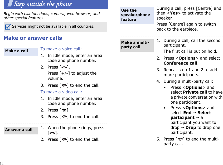 14Step outside the phoneBegin with call functions, camera, web browser, and other special featuresMake or answer callsServices might not be available in all countries.To make a voice call:1. In Idle mode, enter an area code and phone number.2. Press [ ].Press [+/-] to adjust the volume.3. Press [ ] to end the call.To make a v ide o c all :1. In Idle mode, enter an area code and phone number.2. Press [ ].3. Press [ ] to end the call.1. When the phone rings, press [].2. Press [ ] to end the call.Make a callAnswer a callDuring a call, press [Centre] and then &lt;Yes&gt; to activate the speaker.Press [Centre] again to switch back to the earpiece.1. During a call, call the second participant.The first call is put on hold.2. Press &lt;Options&gt; and select Conference call.3. Repeat step 1 and 2 to add more participants.4. During a multi-party call:•Press &lt;Options&gt; and select Private call to have a private conversation with one participant. •Press &lt;Options&gt; and select End → Select participant → a participant you want to drop → Drop to drop one participant.5. Press [ ] to end the multi-party call.Use the speakerphone featureMake a multi-party call