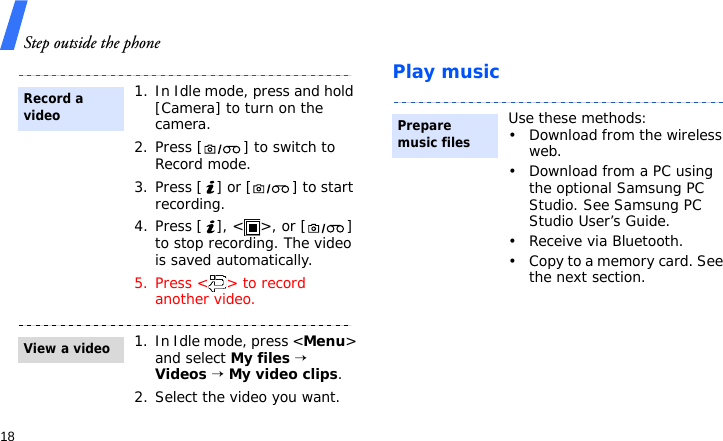 Step outside the phone18Play music1. In Idle mode, press and hold [Camera] to turn on the camera.2. Press [ ] to switch to Record mode.3. Press [ ] or [ ] to start recording.4. Press [ ], &lt; &gt;, or [ ] to stop recording. The video is saved automatically.5. Press &lt; &gt; to record another video.1. In Idle mode, press &lt;Menu&gt; and select My files → Videos → My video clips.2. Select the video you want.Record a videoView a videoUse these methods:• Download from the wireless web.• Download from a PC using the optional Samsung PC Studio. See Samsung PC Studio User’s Guide.• Receive via Bluetooth.• Copy to a memory card. See the next section.Prepare music files