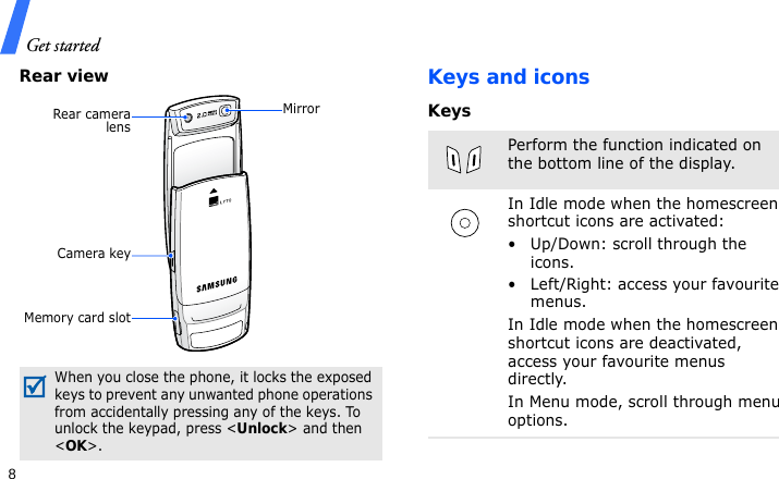 Get started8Rear viewKeys and iconsKeysWhen you close the phone, it locks the exposed keys to prevent any unwanted phone operations from accidentally pressing any of the keys. To unlock the keypad, press &lt;Unlock&gt; and then &lt;OK&gt;.Rear cameralensMemory card slotCamera keyMirrorPerform the function indicated on the bottom line of the display.In Idle mode when the homescreen shortcut icons are activated:• Up/Down: scroll through the icons.• Left/Right: access your favourite menus.In Idle mode when the homescreen shortcut icons are deactivated, access your favourite menus directly. In Menu mode, scroll through menu options.