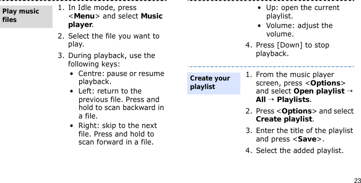 231. In Idle mode, press &lt;Menu&gt; and select Music player.2. Select the file you want to play.3. During playback, use the following keys:• Centre: pause or resume playback.• Left: return to the previous file. Press and hold to scan backward in a file.• Right: skip to the next file. Press and hold to scan forward in a file.Play music files• Up: open the current playlist.• Volume: adjust the volume.4. Press [Down] to stop playback.1. From the music player screen, press &lt;Options&gt; and select Open playlist → All → Playlists.2. Press &lt;Options&gt; and select Create playlist.3. Enter the title of the playlist and press &lt;Save&gt;.4. Select the added playlist.Create your playlist