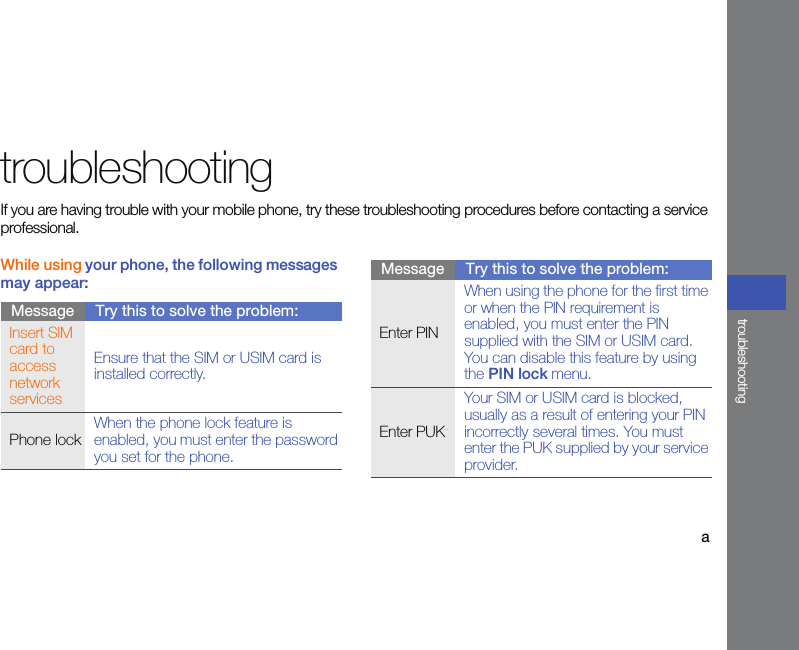 atroubleshootingtroubleshootingIf you are having trouble with your mobile phone, try these troubleshooting procedures before contacting a service professional.While using your phone, the following messages may appear:Message Try this to solve the problem:Insert SIM card to access network servicesEnsure that the SIM or USIM card is installed correctly.Phone lockWhen the phone lock feature is enabled, you must enter the password you set for the phone.Enter PINWhen using the phone for the first time or when the PIN requirement is enabled, you must enter the PIN supplied with the SIM or USIM card. You can disable this feature by using the PIN lock menu.Enter PUKYour SIM or USIM card is blocked, usually as a result of entering your PIN incorrectly several times. You must enter the PUK supplied by your service provider. Message Try this to solve the problem: